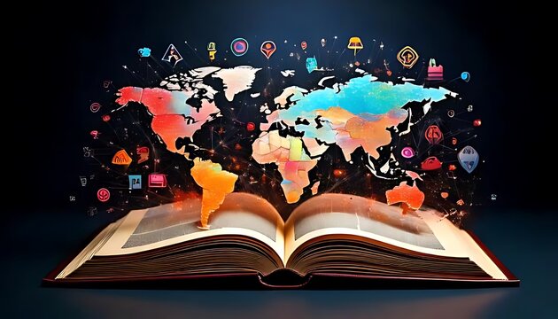 A fragmented world map is surrounded by colorful icons, emerging from an open book on dark background.
