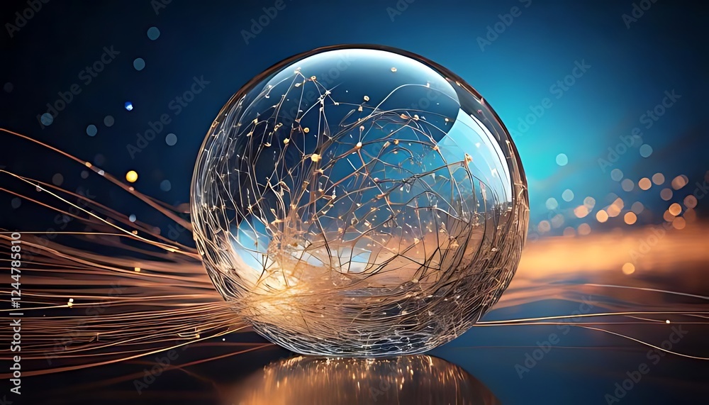 Poster a futuristic composition features transparent spheres, intricate line patterns, and glowing particle
