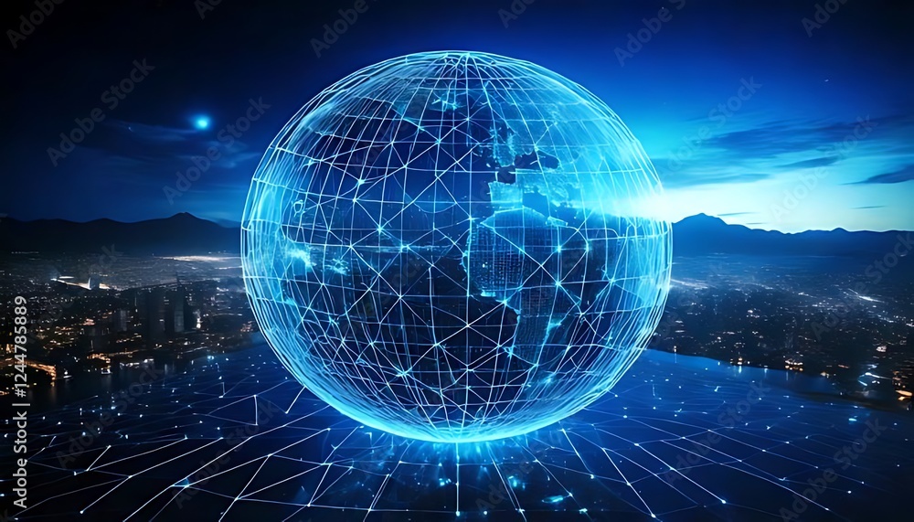 Poster a futuristic scene features a large wireframe globe and geometric structures with glowing blue accen