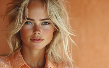 Naklejka premium A woman with blonde hair and blue eyes is smiling and wearing a white jacket