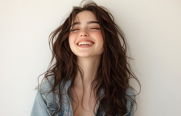 Fototapeta premium A woman with long brown hair is smiling and looking at the camera