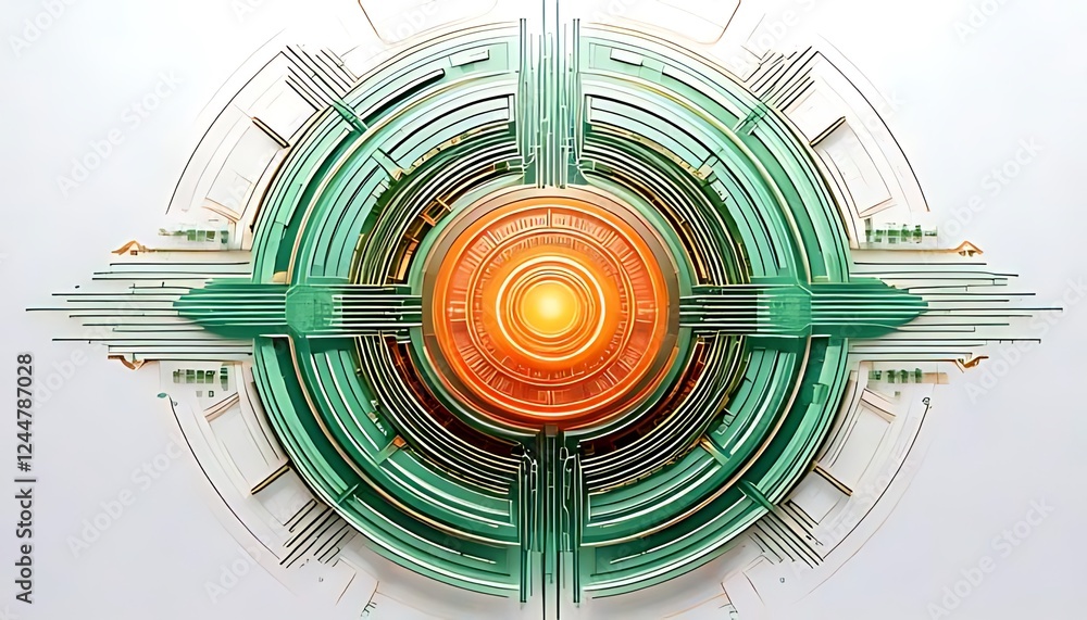 Poster a layered green and orange circuit design with a luminous core creates a complex technological image