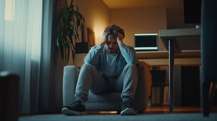 Desperate Man Holding Head, Suffering from Overwhelming Mental Pressure