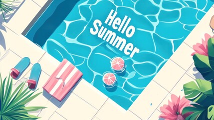 Summer Pool Scene With Tropical Plants and Fruit