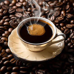 Hot Americano coffee with fresh coffee beans