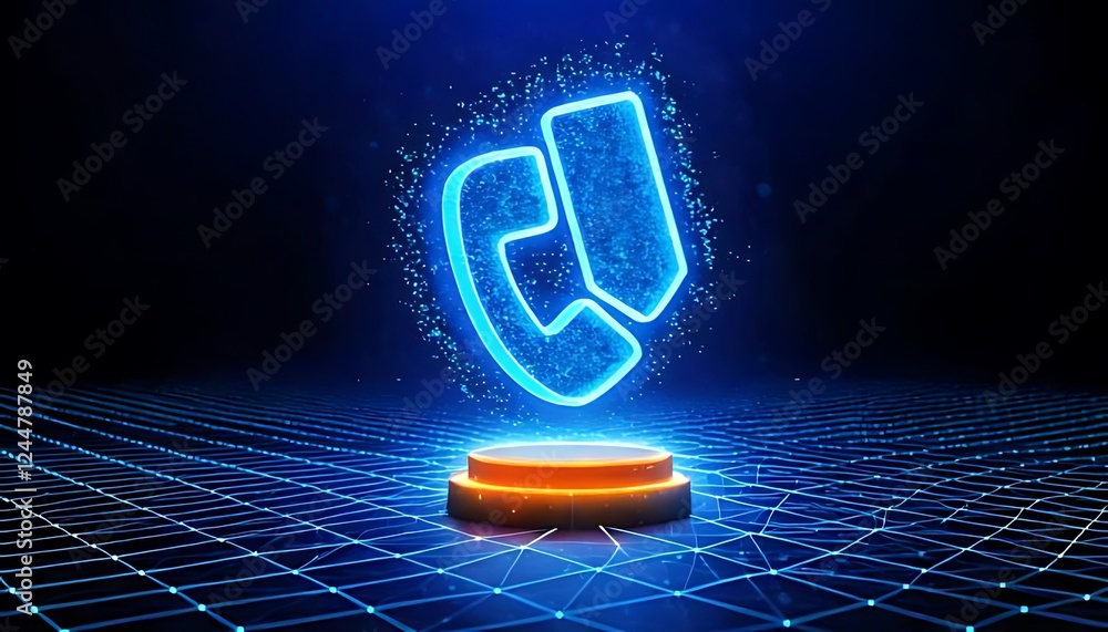 Aufkleber a luminous blue phone call icon floats above a platform, with a grid below and a dark bokeh backdrop