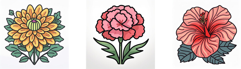 Fototapeta premium Triple floral illustration featuring chrysanthemum, peony, and hibiscus in a double exposure style.