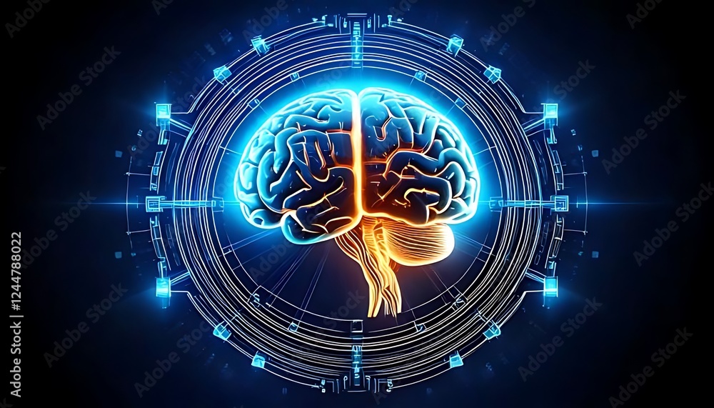 Poster a luminous brain icon, surrounded by block icons, connects within a circular frame on a dark backgro
