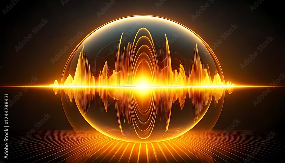 Poster a luminous sound wave pulsates within a sphere with a bright reflection