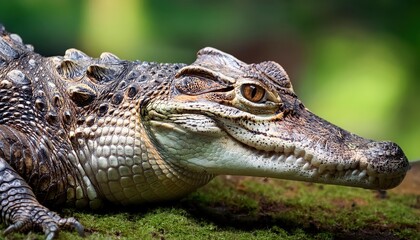 Striking Portrait of an African Dwarf Crocodile Osteolaemus tetraspis at Twilight, Showcasing Its Unique Broad Snout and Camouflage Pattern in the Wild Savannah Grass