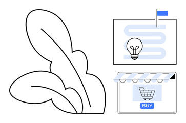 Business strategy chart with light bulb and flag, e-commerce storefront with shopping cart and buy button, abstract leaf. Ideal for marketing, digital commerce, innovation, business growth