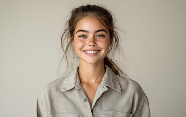 Fototapeta premium A woman with long brown hair and a white shirt is smiling