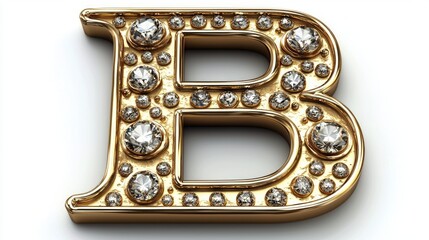 Gold letter B features volumetric texture adorned sparkling diamonds against clean white background. exquisite design highlights luxury and craftsmanship perfect for upscale branding.
