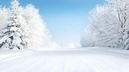 Fototapeta premium Snowy road through winter forest, clear sky. Winter landscape postcard