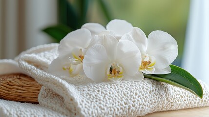 A serene arrangement of white orchids on soft towels, evoking relaxation and tranquility.