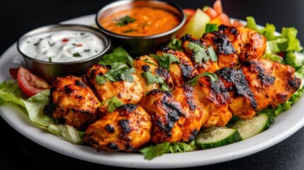 A platter of grilled chicken kebabs served with sauces and fresh vegetables.