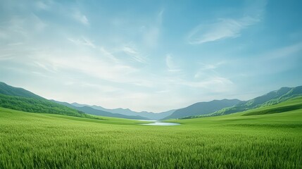 Fototapeta premium Serene Green Meadow with Calm Water Reflection