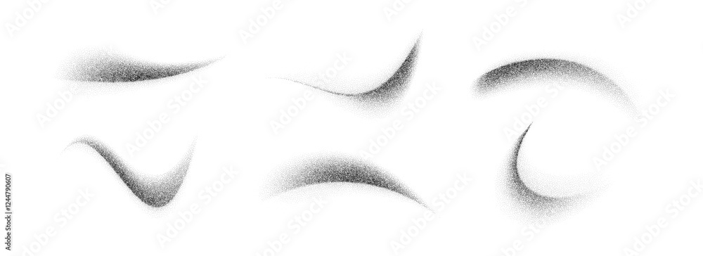 Poster stippled curved brush strokes set. wavy grainy spray elements collection. black flowing sand splashe