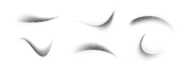 Stippled curved brush strokes set. Wavy grainy spray elements collection. Black flowing sand splashes pack. Dotted noise gradient shades bundle. Splattered dust particle textured waves. Vector