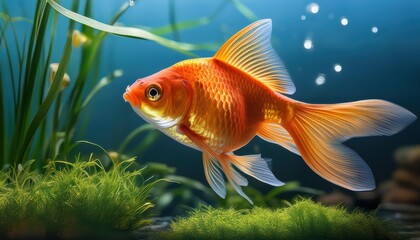 Fototapeta premium Vivid Goldenfish Swimming in a Tranquil Pond, Set against an Autumnal Backdrop of Amber and Gold Leaves, with Dappled Sunlight Reflecting on the Water Surface.