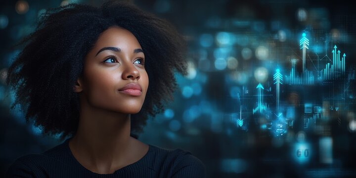 A woman with curly hair is looking at a computer screen with a lot of numbers