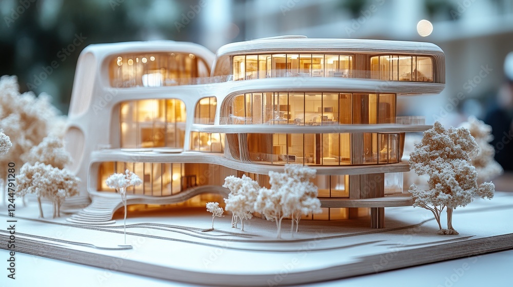 Aufkleber modern architectural model showcasing a futuristic building design with intricate details and trees