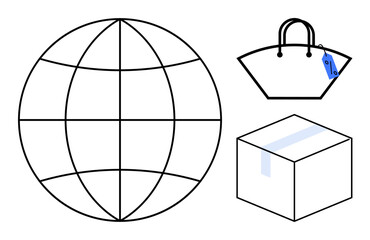 Globe grid symbolizing worldwide reach, shopping bag with price tag representing retail, and cardboard box for shipping and delivery. Ideal for e-commerce, shipping, buying, logistics, global trade