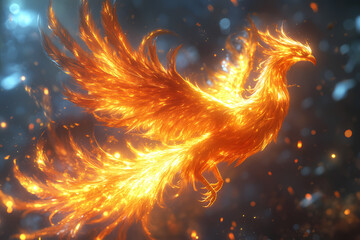 Dynamic illustration of a vibrant phoenix with fiery yellow and orange feathers, symbolizing intense energy and creativity. Perfect for graphic design projects