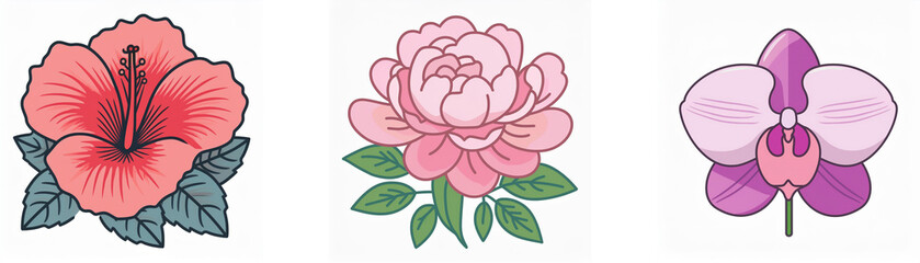 Fototapeta premium Three stylized white blossoms, depicted in a double exposure style, showcase varying arrangements and leaf details. The effect suggests depth and layering.