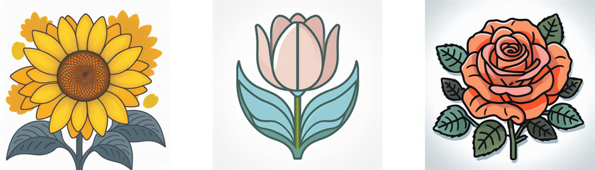Obraz premium A triple image showcasing a sunflower, tulip, and rose; a vibrant double exposure effect is subtly present.