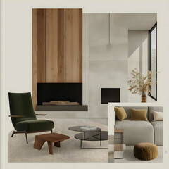 Mood boardDesign a modern living room mood board combining warmth and minimalist design elements The first showcases wooden wall panels with soft lighting paired wi