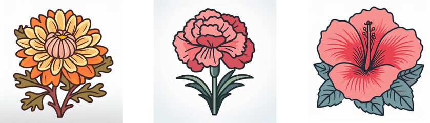 Fototapeta premium Triple hibiscus flower illustration, double exposure style, showcasing varying shades of pink and grey-blue leaves.