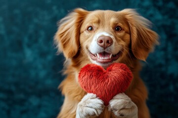 Ad campaign creative pattern. Cute nova scotia duck tolling retriever pooch with fluffy red heart - sign of love, funny greeting card. Nova scotia duck tolling retriever - my desired dog.