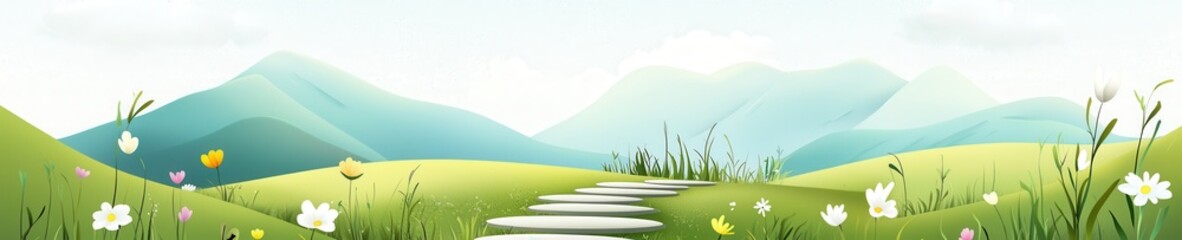 Fototapeta premium Serene Landscape with Pathway and Soft Green Hills