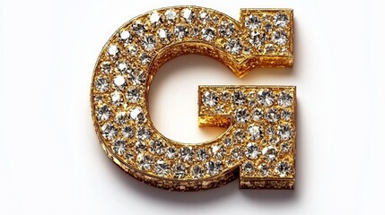Volumetric letter G adorned sparkling diamonds and gold texture isolated on white background showcases opulence and elegance for design purposes.