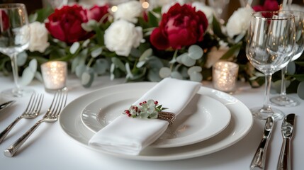 Elegant table setting with floral decor, napkin, and candles for a special occasion.