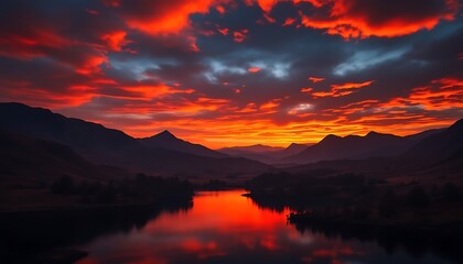 Obraz premium Vibrant crimson sunset over layered mountains reflecting on a placid lake, evokes serenity and awe, perfect for nature-themed publications and calming backgrounds