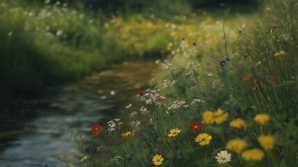 Colorful Wildflowers Blooming Along A Calm Stream In A Lush Green Meadow with Soft Light