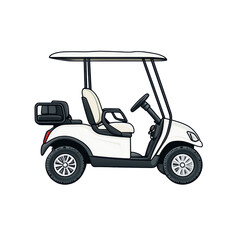 A sleek white golf cart with a canopy, featuring two seats and a storage compartment, designed for easy maneuvering on golf courses.