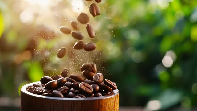 Coffee beans falling gracefully into wooden bowl with sunlit garden backdrop