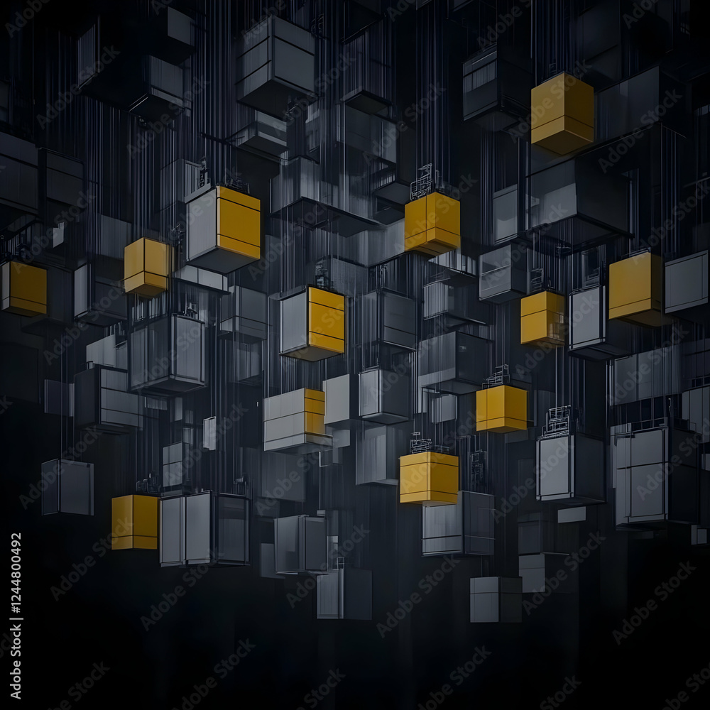 Poster 3d render of abstract cubes creates a dynamic and intricate visual experience with dark background
