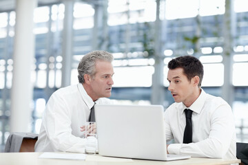 Office, business people and men with laptop for discussion, investment research and tax...