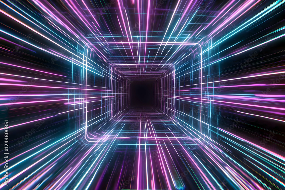 Poster neon grid tunnel with light trails streaking creates a futuristic atmosphere dynamically