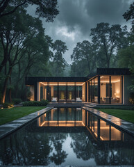 Fototapeta premium Contemporary minimalist mansion with sleek design warm lighting and a pool surrounded by a rainy cloudy atmosphere Exterior Design Inspiration