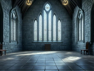 Obraz premium Gothic Chapel Interior Illustrates Arched Windows, Stone Walls, and Tiled Floor Elegantly and Majestically.