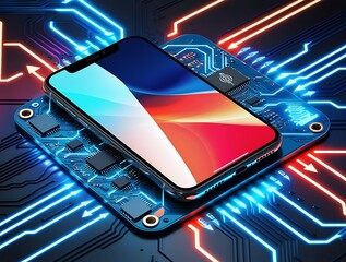 Cutting-edge smartphone with glowing circuit board, futuristic digital design, and AI-powered innovation in mobile technology

