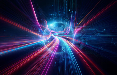 Abstract digital space with vibrant light trails in blue, pink, and orange. Beams converge at a bright central point, creating a technological tunnel effect.