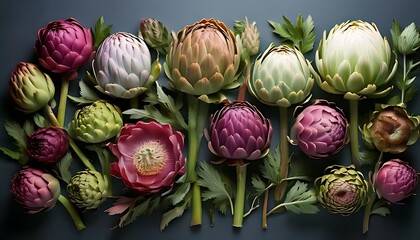 Obraz premium artichoke flowers in different blooming stages, arranged side by side.