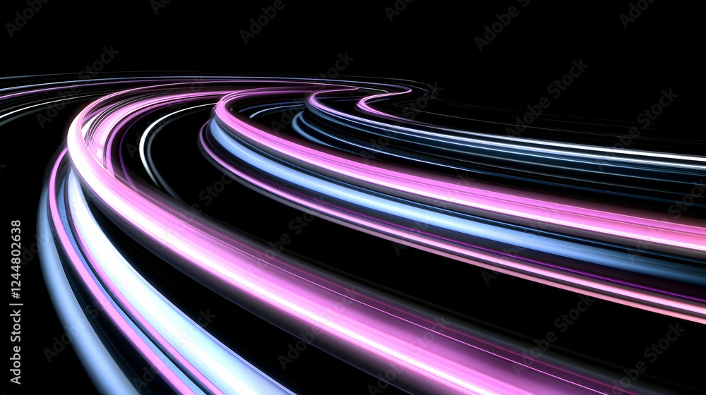 Poster abstract 3d render of glowing light trails curves dynamically on black background