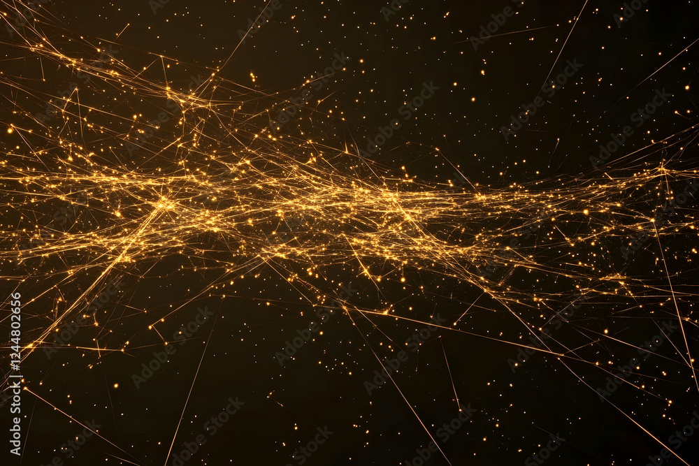 Poster golden network of interconnected lines and dots spreads elegantly across a dark background